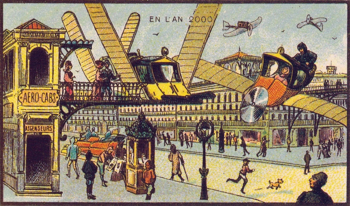 A 1900 French card imagining an aero-cab station in the year 2000, with flying cabs above a Paris street A 1900 French card imagining an aero-cab station in the year 2000, with flying cabs above a Paris street