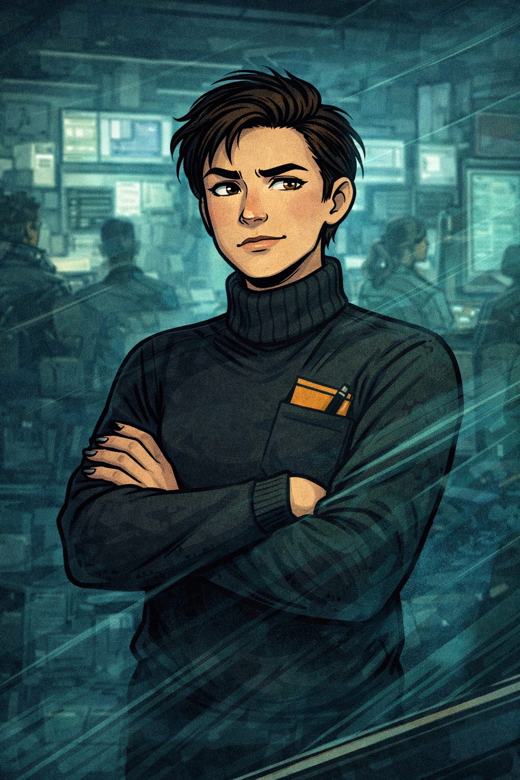 Cartoon image of a forensic accountant standing with arms crossed in an office setting. Cartoon image of a forensic accountant standing with arms crossed in an office setting.