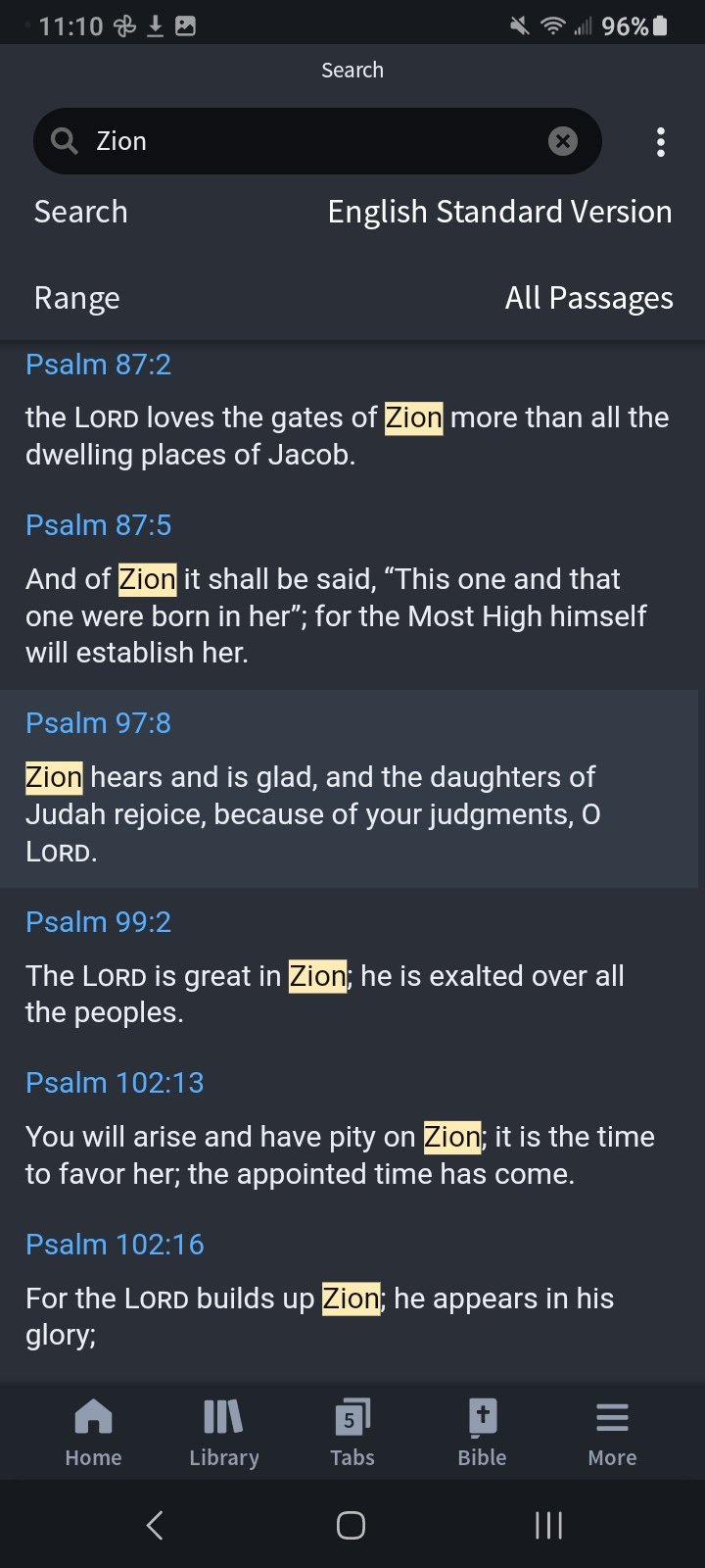 A small sampling from my word search on Zion in the Faith Life Bible app.
