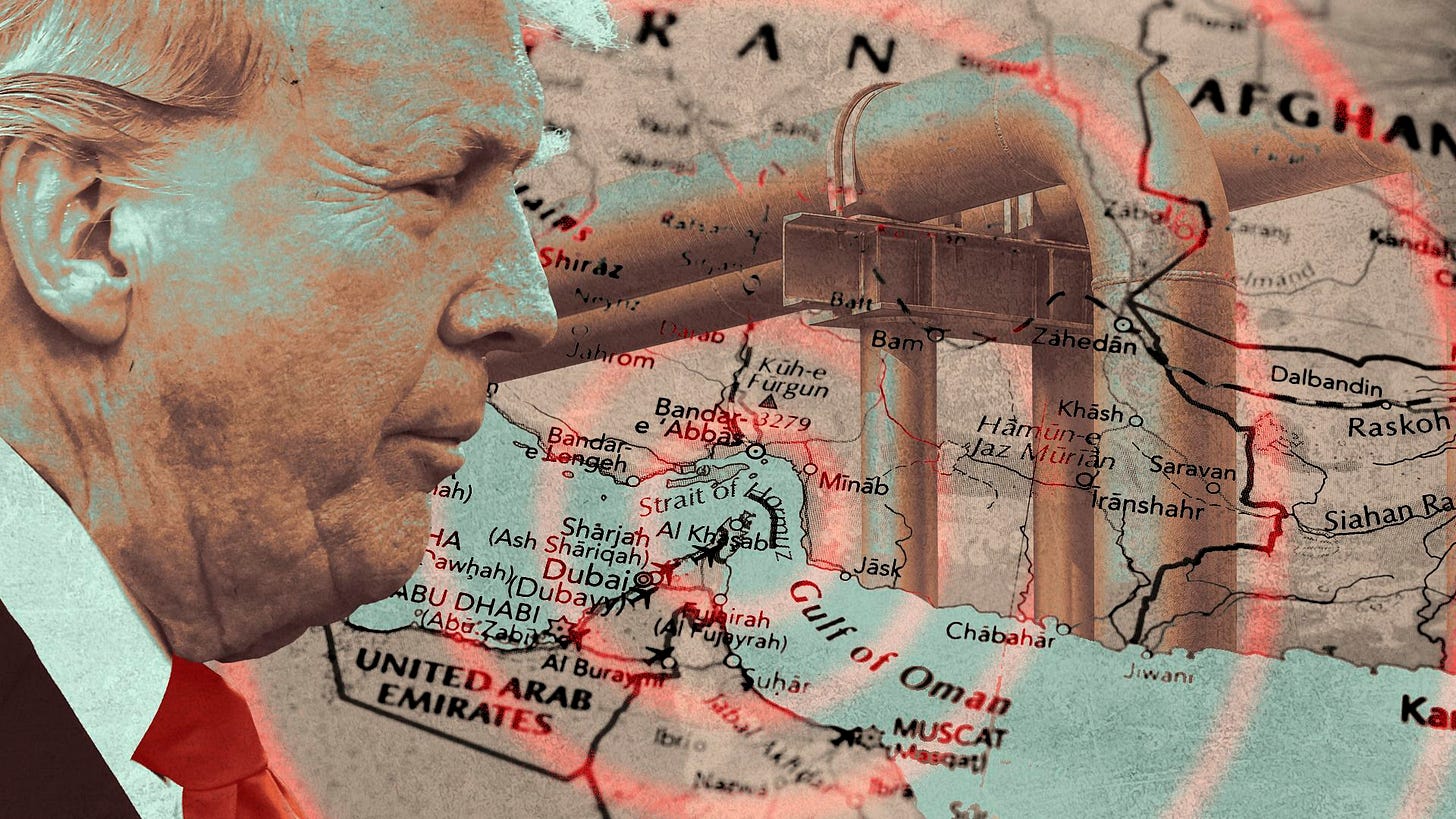 Illustration of President Trump in profile overlooking a map of the Middle East featuring the Strait of Hormuz and an image of an oil pipeline