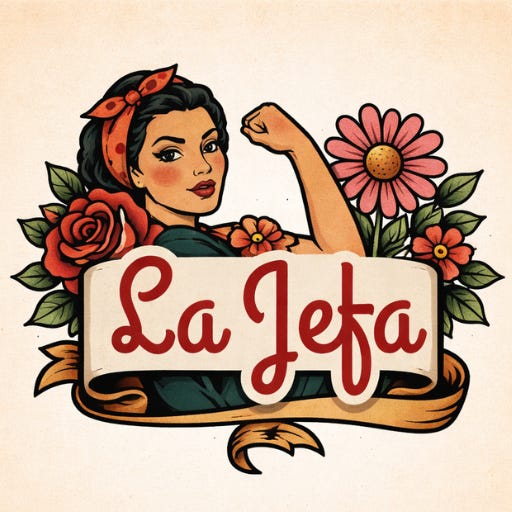 Illustrated La Jefa logo featuring a woman in a Rosie-the-Riveter style strength pose framed by flowers, representing the La Jefa paid newsletter for high-performing women learning to lead and leverage AI with confidence under the You Good, Girl? Brand. Illustrated La Jefa logo featuring a woman in a Rosie-the-Riveter style strength pose framed by flowers, representing the La Jefa paid newsletter for high-performing women learning to lead and leverage AI with confidence under the You Good, Girl? Brand.