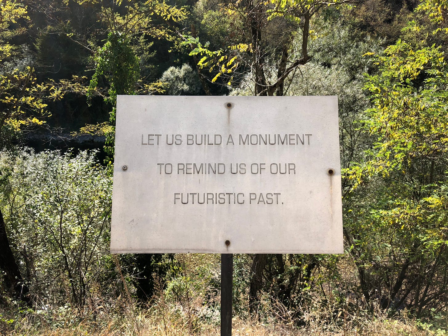 “Let us build a monument to remind us of our futuristic past.” – an installation by Egyptian artist Basim Magdy, outside the ARK/D-0 bunker in Konjic, Bosnia & Herzegovina. “Let us build a monument to remind us of our futuristic past.” – an installation by Egyptian artist Basim Magdy, outside the ARK/D-0 bunker in Konjic, Bosnia & Herzegovina.