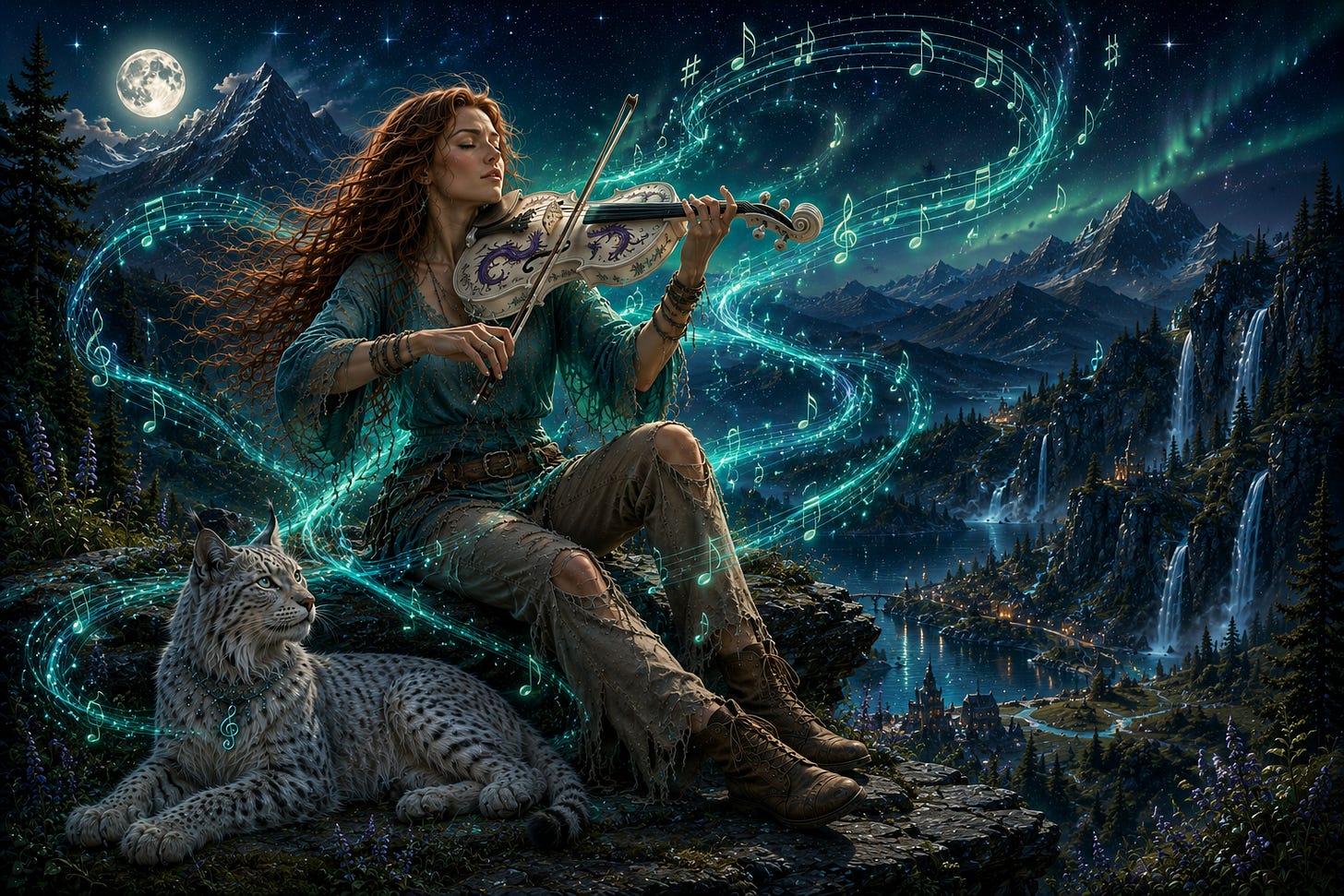 Angelika Moonglenn playing the Aioni with Jynx by her side.