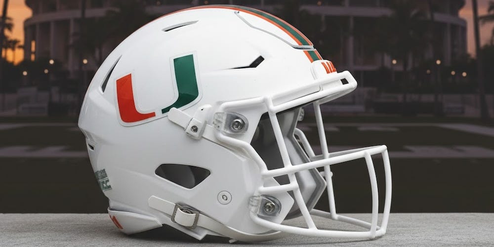 White Miami Hurricanes football helmet with green and orange “U” logo outside Hard Rock Stadium at sunset. Deals on fan gear, seats, and premium Miami Football coverage at www.NattyRoad.com
