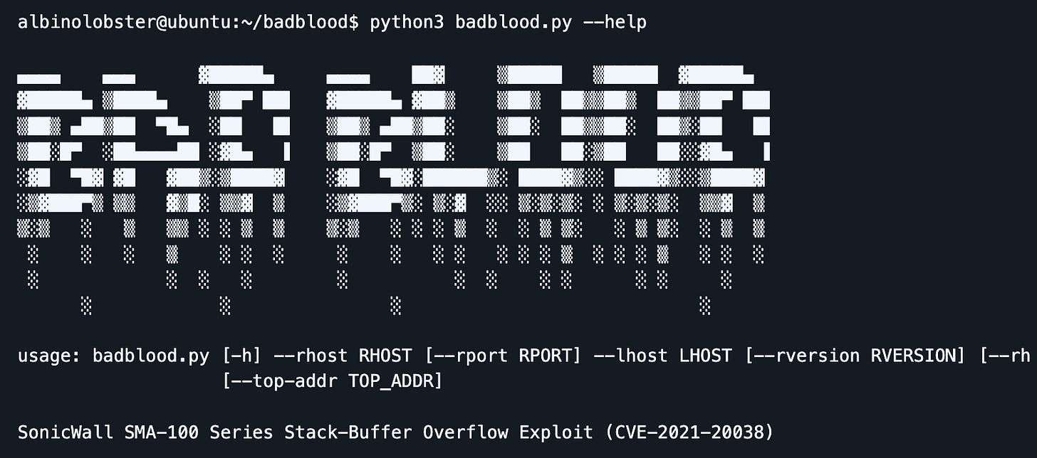Screenshot of the initial output for badblood.py, an exploit proof of concept for SonicWalls.