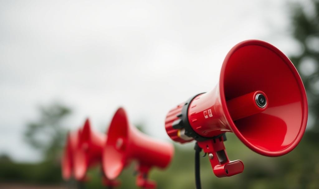 Close-up of a row of bright red megaphones pointed outward, symbolizing propaganda and mass messaging.