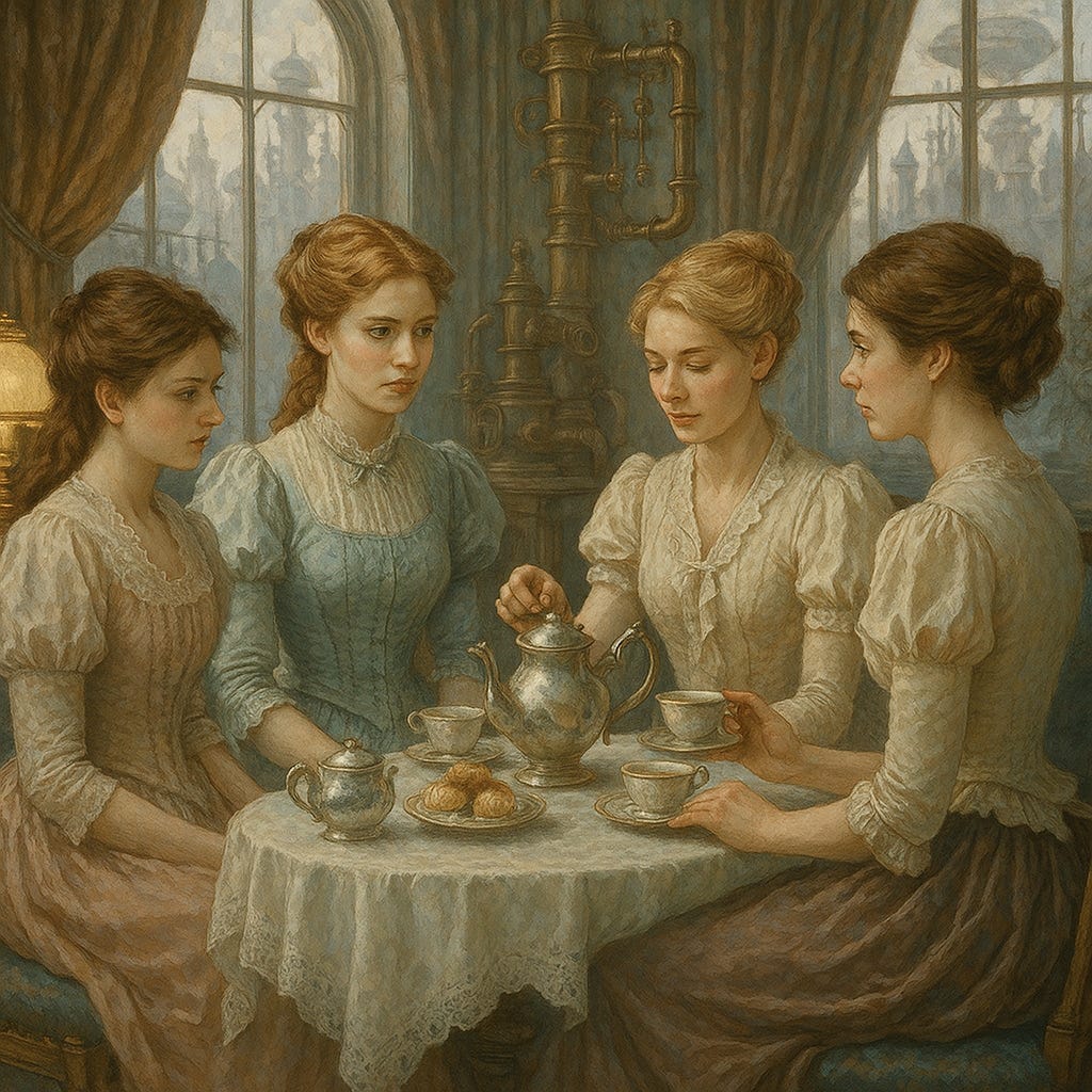 Four women sit at a tea table. 