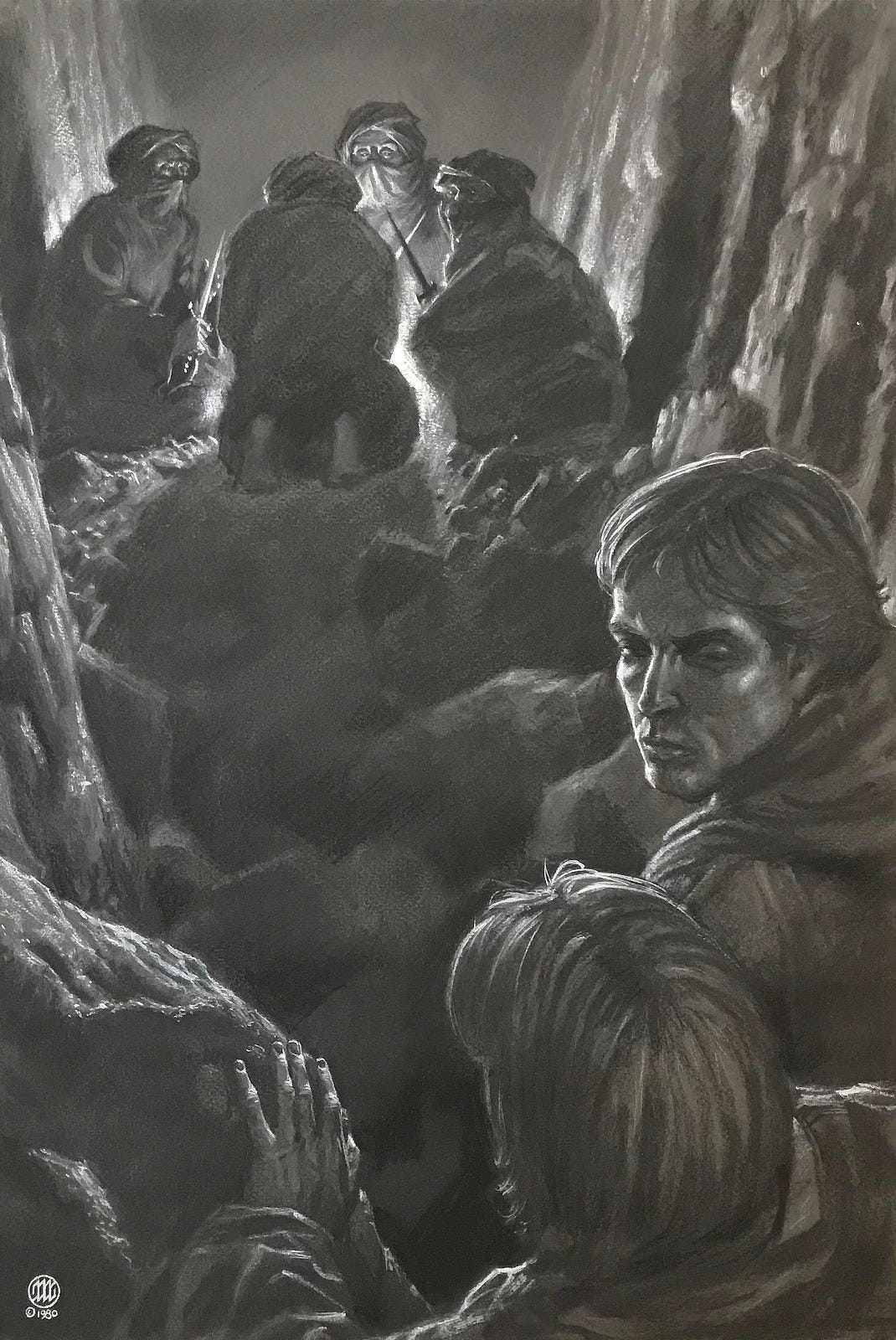 Detailed charcoal drawing that accompanies the short story “Filed Teeth” by Glenn Cook in DRAGONS OF LIGHT. Behind the cover of rocks, two men spy on four masked and robed figures huddling at a camp fire holding long daggers. In the immediate foreground, one man glances back to his companion who we only see from behind as his hand rests on rock.