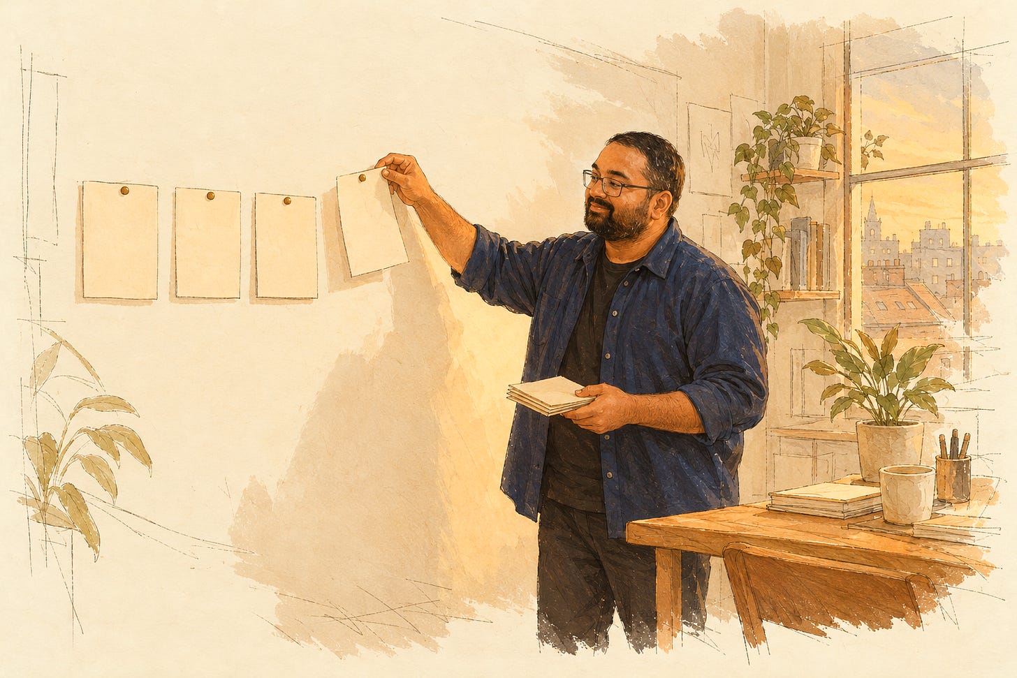 Shadman pinning a short row of four cards to a wall, a small stack still in his hand. Shadman pinning a short row of four cards to a wall, a small stack still in his hand.