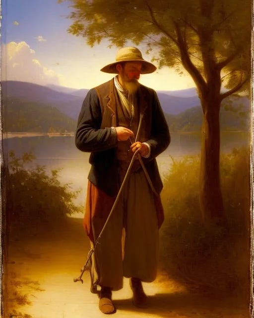 A man wearing beautiful clothes, in his hand an iron instrument, and he is going home.
, Hudson River School A man wearing beautiful clothes, in his hand an iron instrument, and he is going home.
, Hudson River School