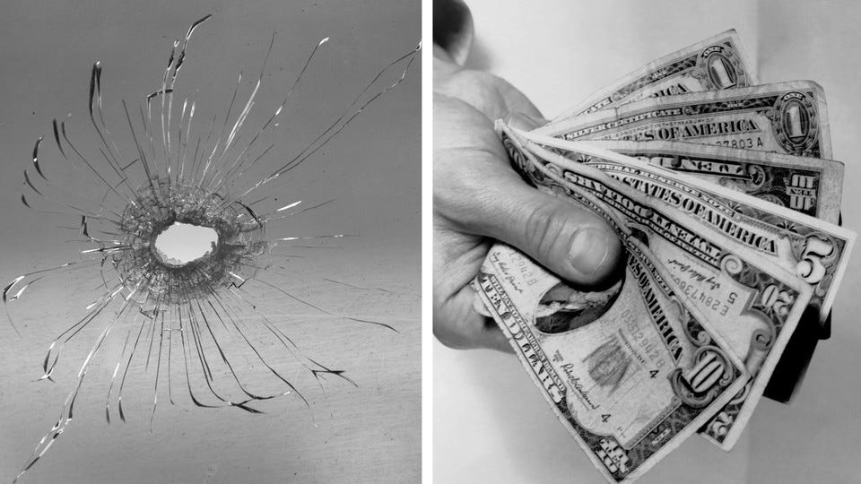 A photo collage of a window with a bullet hole next to a wad of cash A photo collage of a window with a bullet hole next to a wad of cash