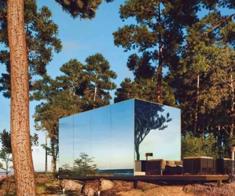 A mirror cube in the woods

Description automatically generated