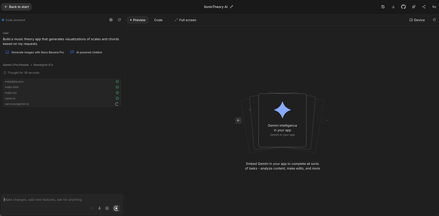 A screenshot showing the app generation process in Google AI Studio, where the prompt 'Build a music theory app' is active, a file list is populating on the left, and a central loading card reads 'Gemini intelligence in your app'.