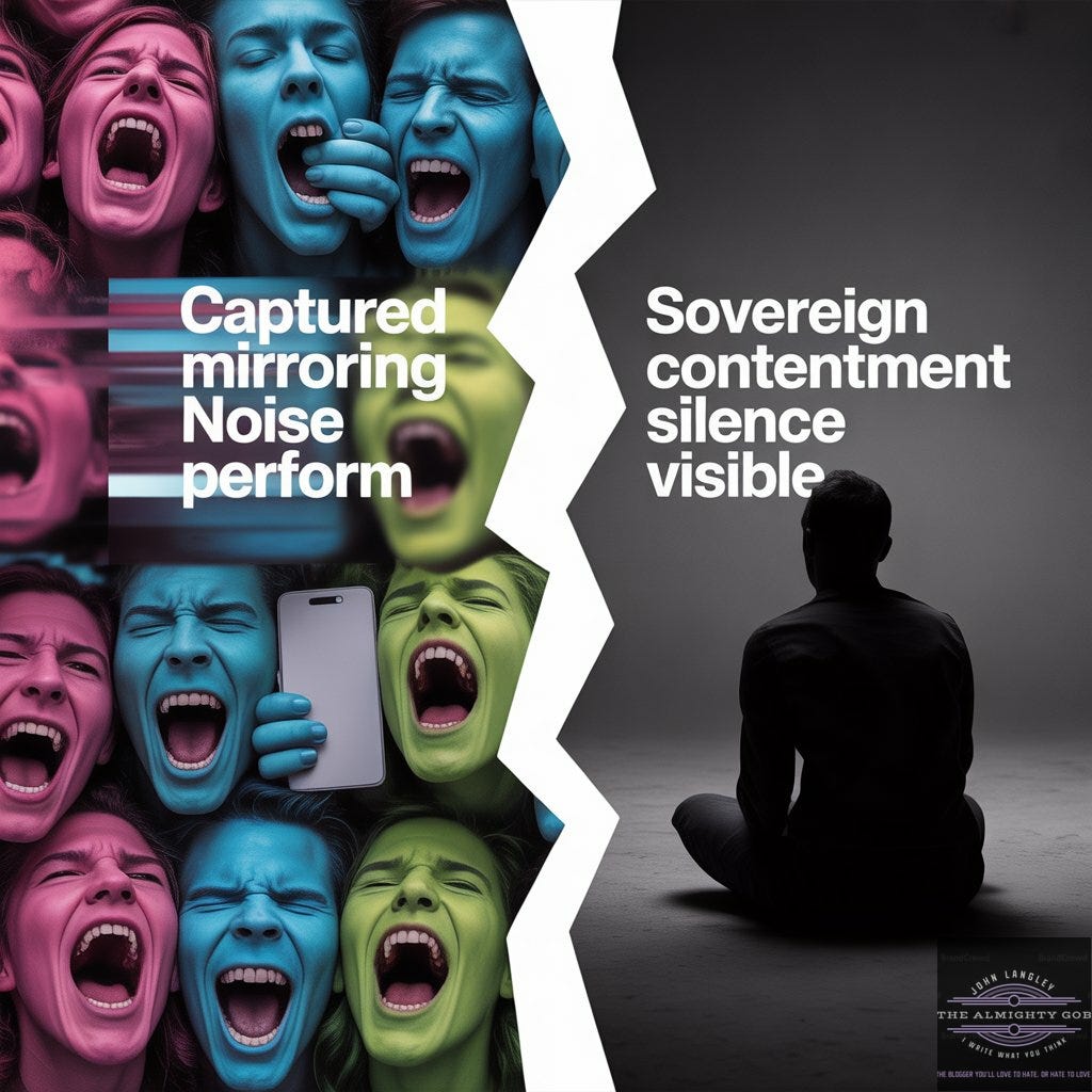 A cinematic-forensic split-screen conceptual image by John Langley for The Almighty Gob. The left side depicts a chaotic, neon-saturated 'Human Zoo' of mirroring human faces in magenta and cyan, representing the performative noise of social media and identity politics. The right side shows a stark, monochromatic silhouette of a sovereign observer in a quiet, obsidian space, representing stillness and the anarch position. Central text reads: 'Captured mirroring Noise perform' versus 'Sovereign contentment silence visible.' A jagged fracture line symbolises the exit from the collective cage in 2026. A cinematic-forensic split-screen conceptual image by John Langley for The Almighty Gob. The left side depicts a chaotic, neon-saturated 'Human Zoo' of mirroring human faces in magenta and cyan, representing the performative noise of social media and identity politics. The right side shows a stark, monochromatic silhouette of a sovereign observer in a quiet, obsidian space, representing stillness and the anarch position. Central text reads: 'Captured mirroring Noise perform' versus 'Sovereign contentment silence visible.' A jagged fracture line symbolises the exit from the collective cage in 2026.