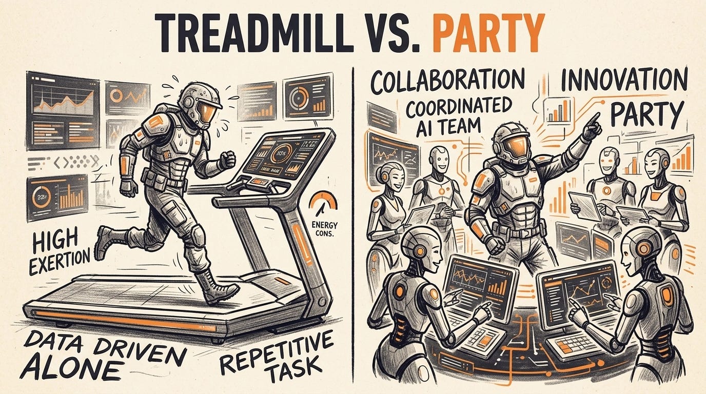 Paperclip AI founder burnout vs managed agents — split illustration showing an exhausted solo founder on a treadmill versus a calm founder leading a coordinated AI team Paperclip AI founder burnout vs managed agents — split illustration showing an exhausted solo founder on a treadmill versus a calm founder leading a coordinated AI team