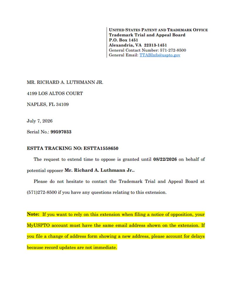 USPTO Trademark Trial and Appeal Board Extension Order USPTO Trademark Trial and Appeal Board Extension Order