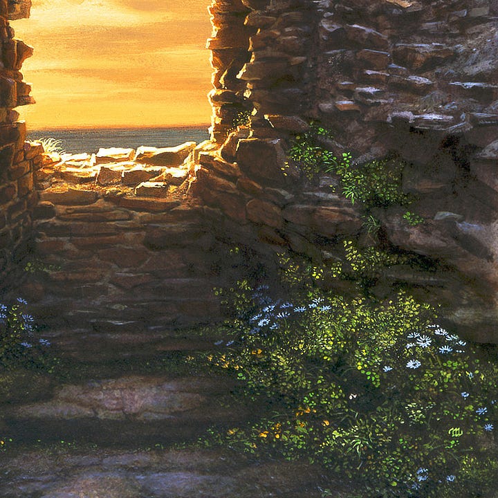 LEFT: Detail from WINDOW TO THE SUN featuring a transparent orb containing a solitary flame floating out of a stone passageway to sky saturated with golden light. The edge of the water can be seen below. Wildflowers grow on the ground and through cracks in the wall. Time has worn the uneven stones so the edges are rounded and in places melding into a single mass. RIGHT: Close detail from WINDOW TO THE SUN featuring wildflowers growing in the ruins. A break in the wall is oversaturated with golden light. A stairs lead to an opening in the wall. Their immediate edge is bright white with the direct sun. On the closer side of the wall, indirect light is creating interesting effects, making the heads of daisies look pale blue in patches. The walls are so old, the edges of the stones are rounded where they jut out.