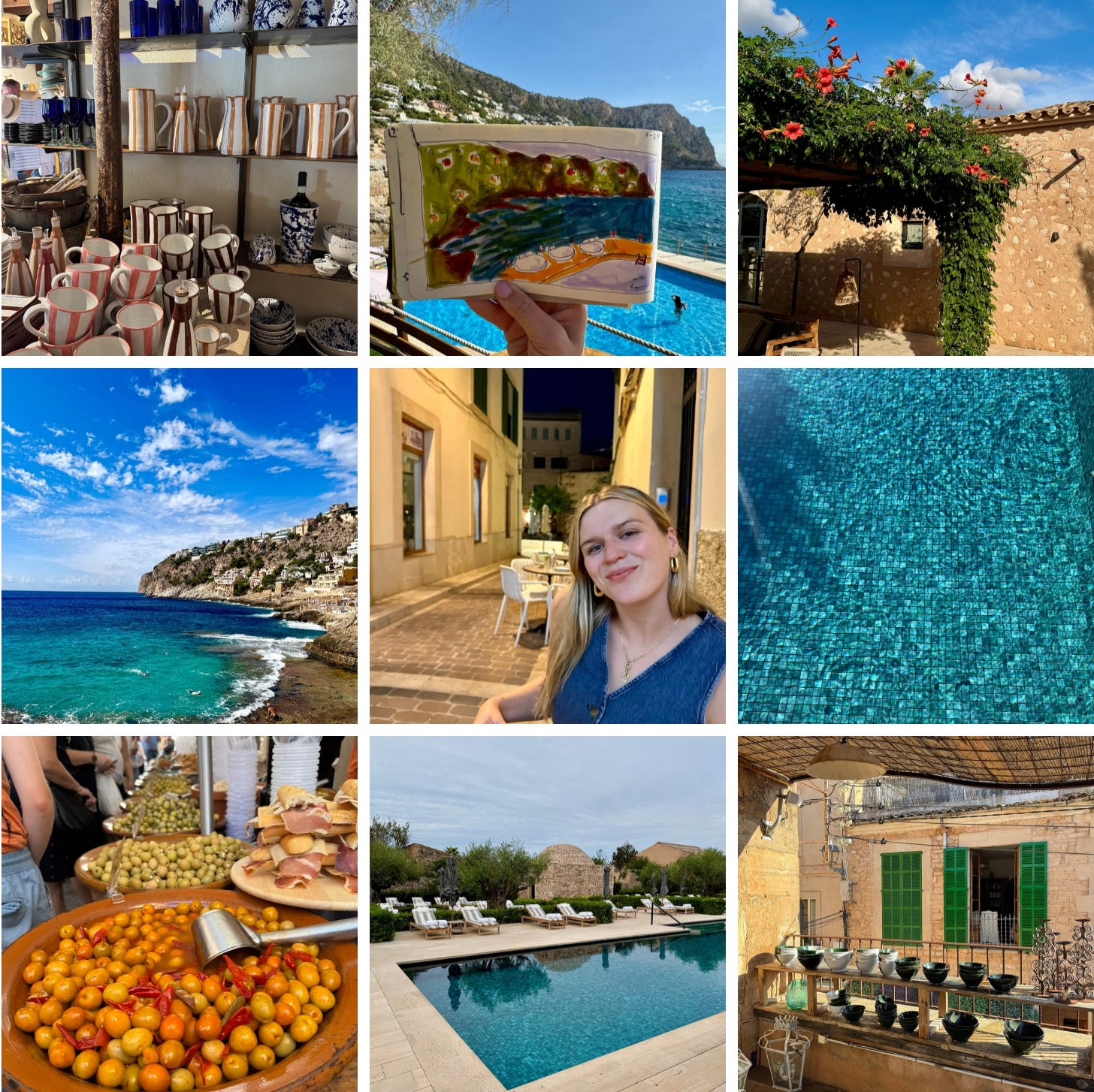A grid of nine photos showcasing the ocean, pools, and a picture of me in Mallorca.