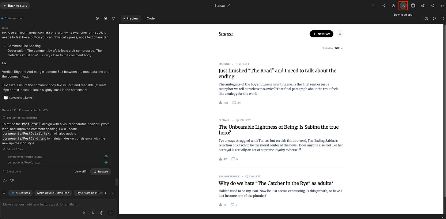 The Google AI Studio interface shows a refined application preview with a red box highlighting the download icon in the top right corner. The Google AI Studio interface shows a refined application preview with a red box highlighting the download icon in the top right corner.