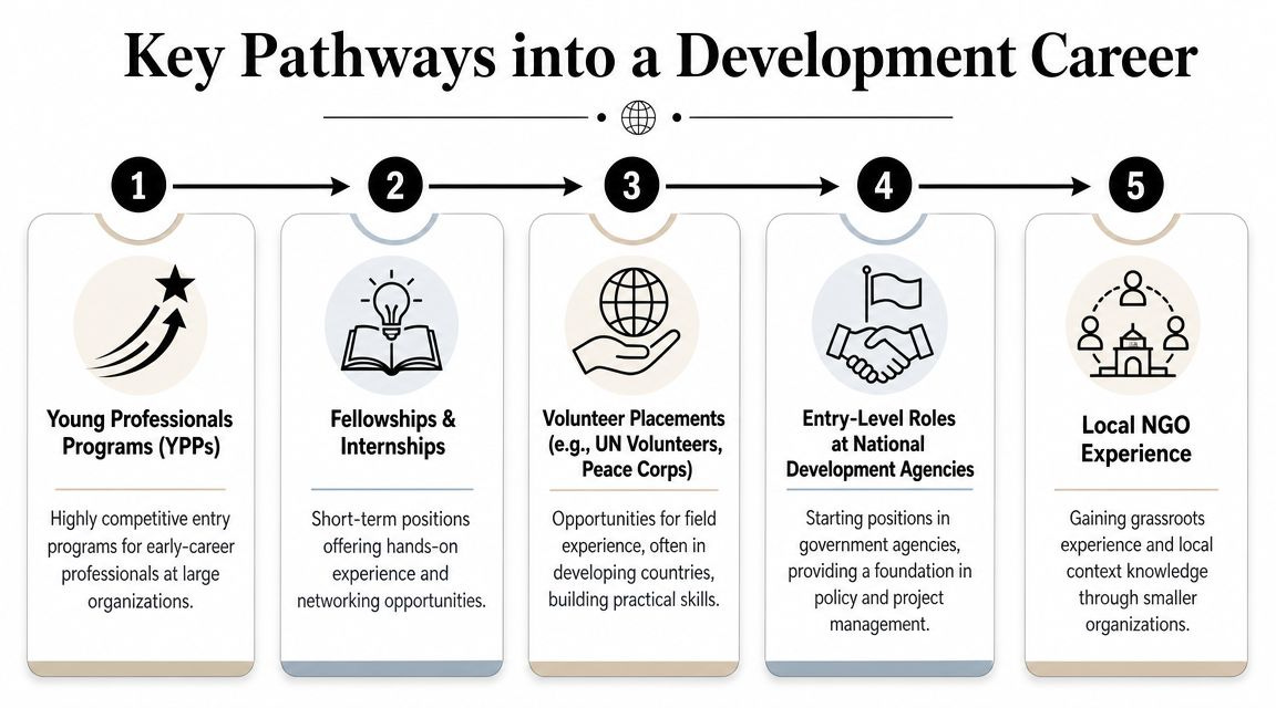 An infographic showing five key pathways for building a professional career in the international development sector.