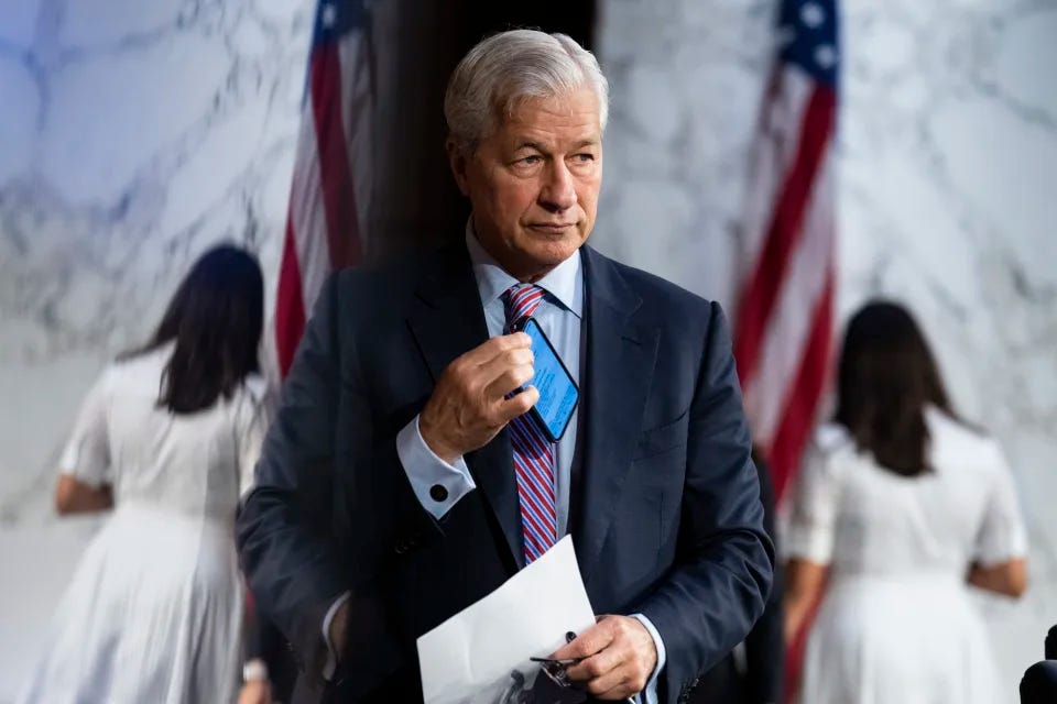 UNITED STATES - SEPTEMBER 22: Jamie Dimon, CEO of JPMorgan Chase, arrives for the Senate Banking, Housing, and Urban Affairs Committee hearing titled Annual Oversight of the Nations Largest Banks, in Hart Building on Thursday, September 22, 2022. (Tom Williams/CQ-Roll Call, Inc via Getty Images) UNITED STATES - SEPTEMBER 22: Jamie Dimon, CEO of JPMorgan Chase, arrives for the Senate Banking, Housing, and Urban Affairs Committee hearing titled Annual Oversight of the Nations Largest Banks, in Hart Building on Thursday, September 22, 2022. (Tom Williams/CQ-Roll Call, Inc via Getty Images)