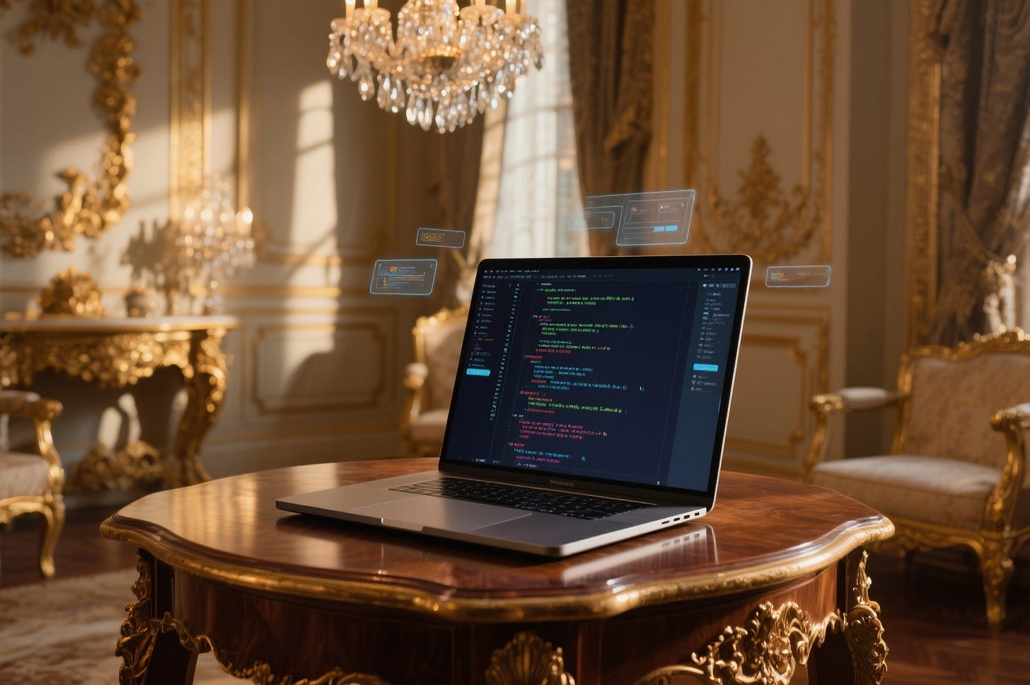 A laptop displaying lines of code sits on an ornate mahogany table in an opulent room with crystal chandeliers and gold-trimmed furniture. Holographic interface elements float above the screen, suggesting advanced AI technology.