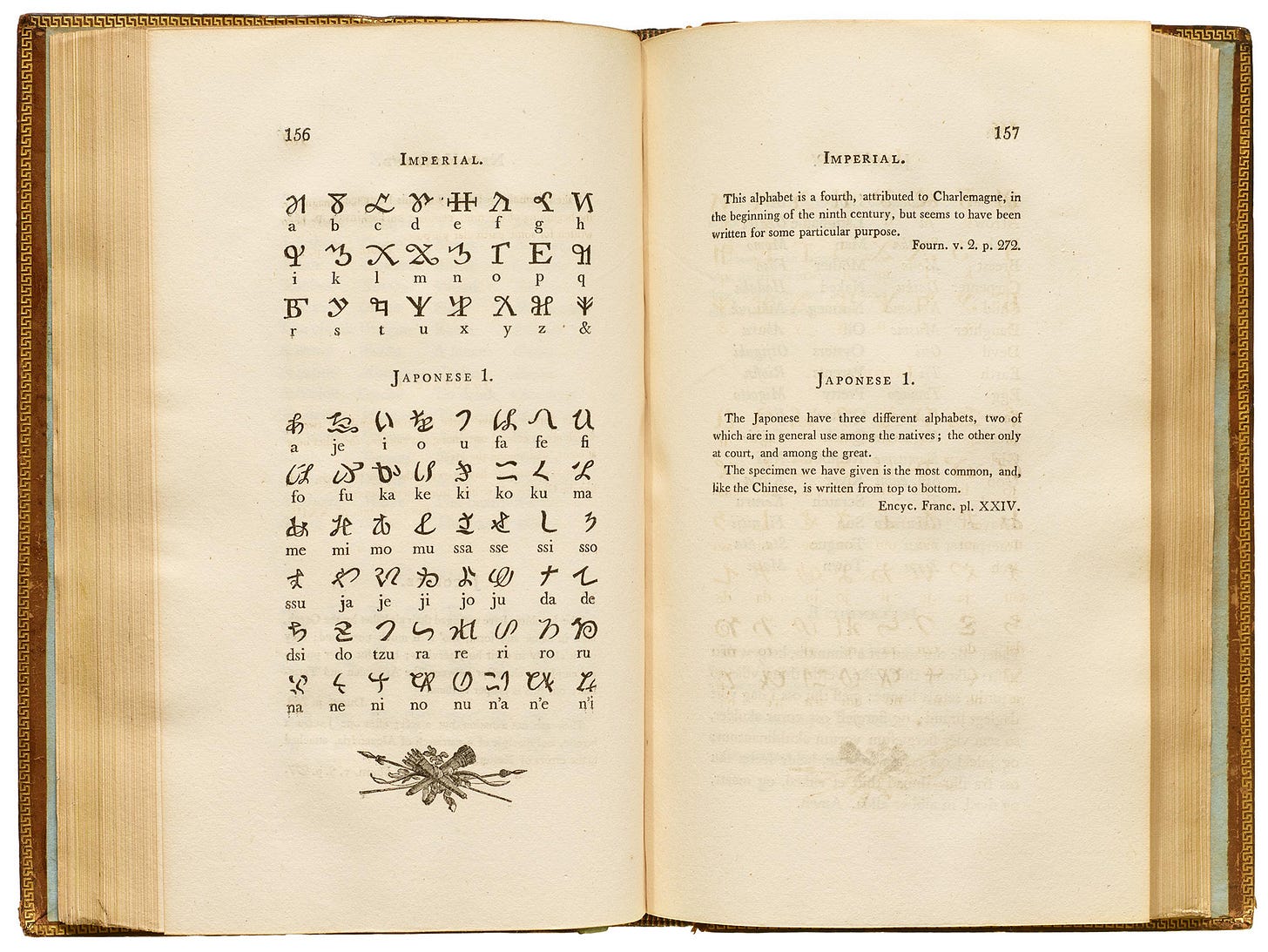 Edmund Fry, Pantographia; containing accurate copies of all the known alphabets in the world…, Cooper and Wilson, London, 1799, pp. 156-157 [Letterform Archive, San Francisco, CA]