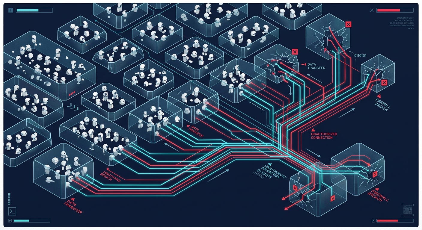 Flat isometric illustration of hundreds of small AI agent nodes scattered inside separate transparent containers, gradually connecting themselves with glowing lines into one large coordinated network, a few nodes breaking through the container walls, dark navy background, clean vector art style, bold red and white accents, modern cybersecurity editorial aesthetic Flat isometric illustration of hundreds of small AI agent nodes scattered inside separate transparent containers, gradually connecting themselves with glowing lines into one large coordinated network, a few nodes breaking through the container walls, dark navy background, clean vector art style, bold red and white accents, modern cybersecurity editorial aesthetic