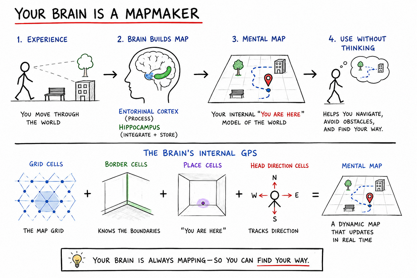 Hand-drawn whiteboard-style infographic explaining how the brain creates mental maps. A four-step diagram shows a person moving through the world, the entorhinal cortex and hippocampus processing information, the creation of an internal “you are here” map, and unconscious navigation. Below, illustrations of grid cells, border cells, place cells, and head-direction cells demonstrate how specialized neurons work together as the brain’s internal GPS system. Hand-drawn whiteboard-style infographic explaining how the brain creates mental maps. A four-step diagram shows a person moving through the world, the entorhinal cortex and hippocampus processing information, the creation of an internal “you are here” map, and unconscious navigation. Below, illustrations of grid cells, border cells, place cells, and head-direction cells demonstrate how specialized neurons work together as the brain’s internal GPS system.
