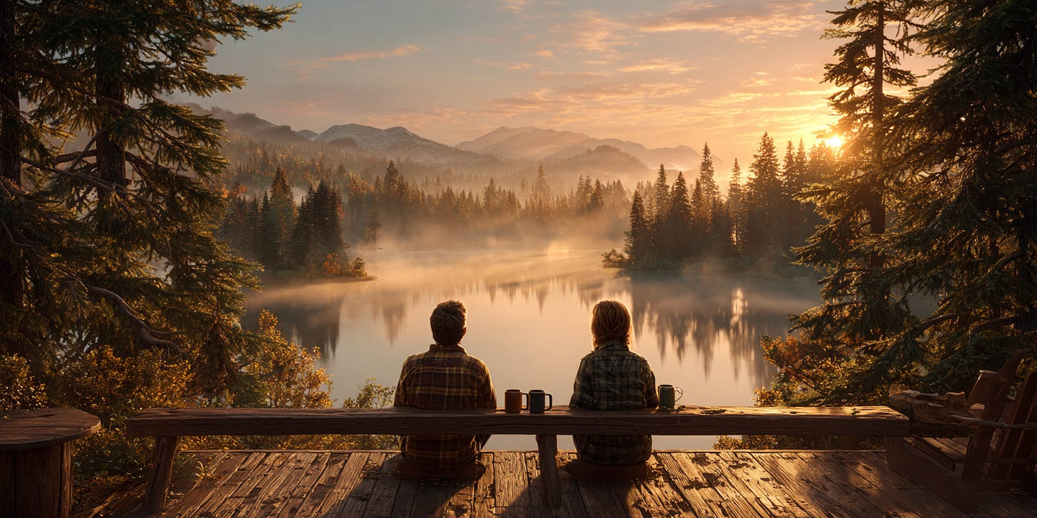 Couple enjoying coffee on a wooden deck overlooking a misty Canadian mountain lake. Couple enjoying coffee on a wooden deck overlooking a misty Canadian mountain lake.