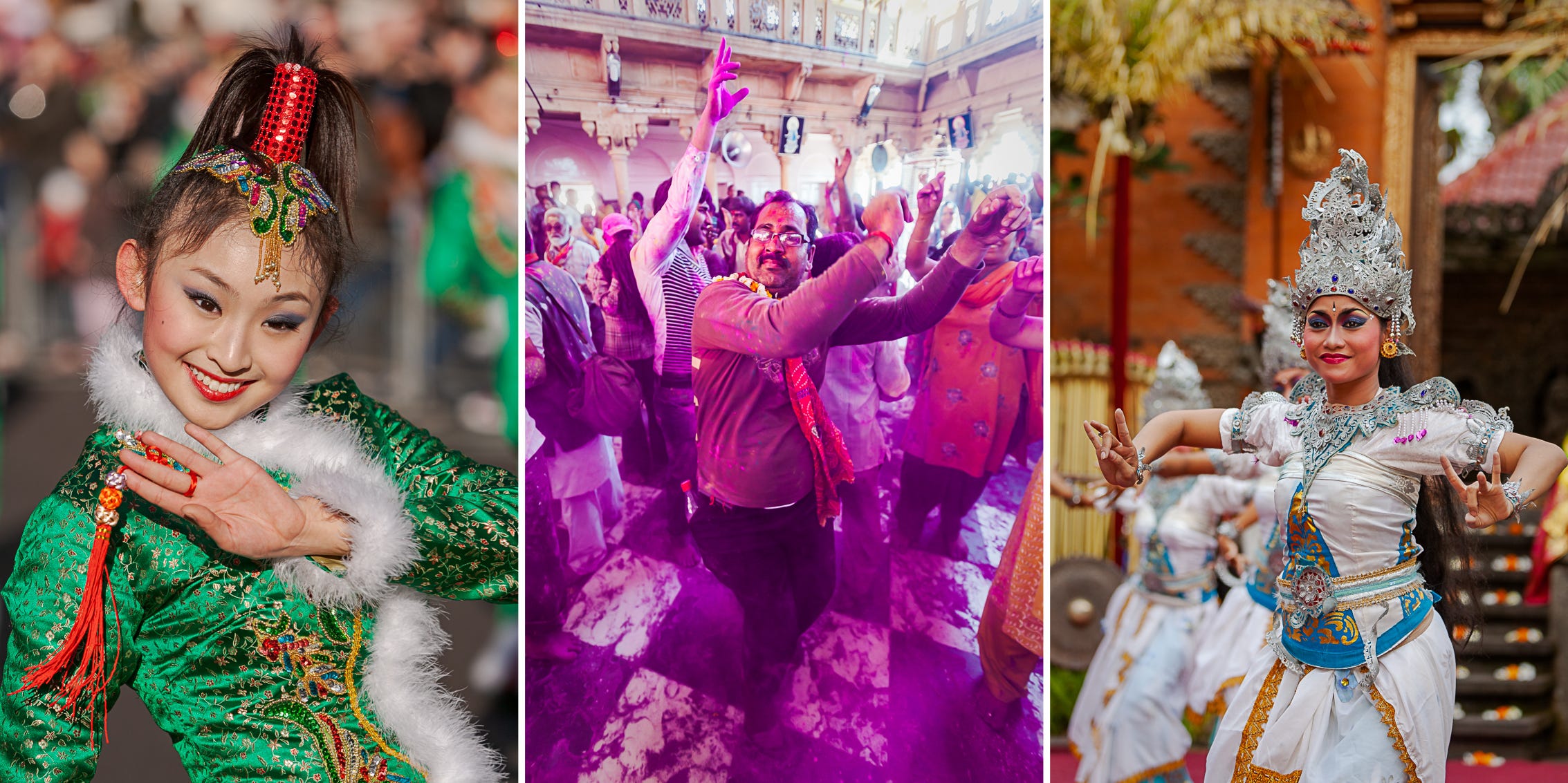 Dancing around the world. Chinese New Year, Holi Festival in India, and traditional dance at a Balinese ceremony Dancing around the world. Chinese New Year, Holi Festival in India, and traditional dance at a Balinese ceremony