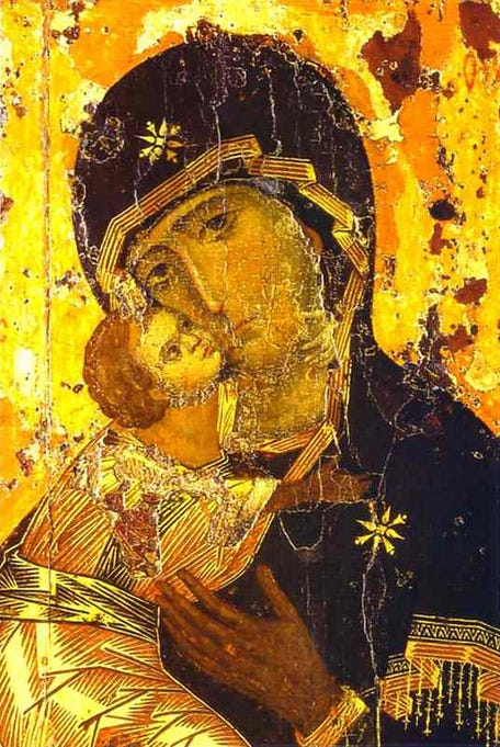 The Vladimir Mother of God icon, a renowned Byzantine image of the Virgin Mary and the Christ Child embracing closely against a gold background, symbolizing maternal love, compassion, and Christ's redemptive sacrifice. The Vladimir Mother of God icon, a renowned Byzantine image of the Virgin Mary and the Christ Child embracing closely against a gold background, symbolizing maternal love, compassion, and Christ's redemptive sacrifice.