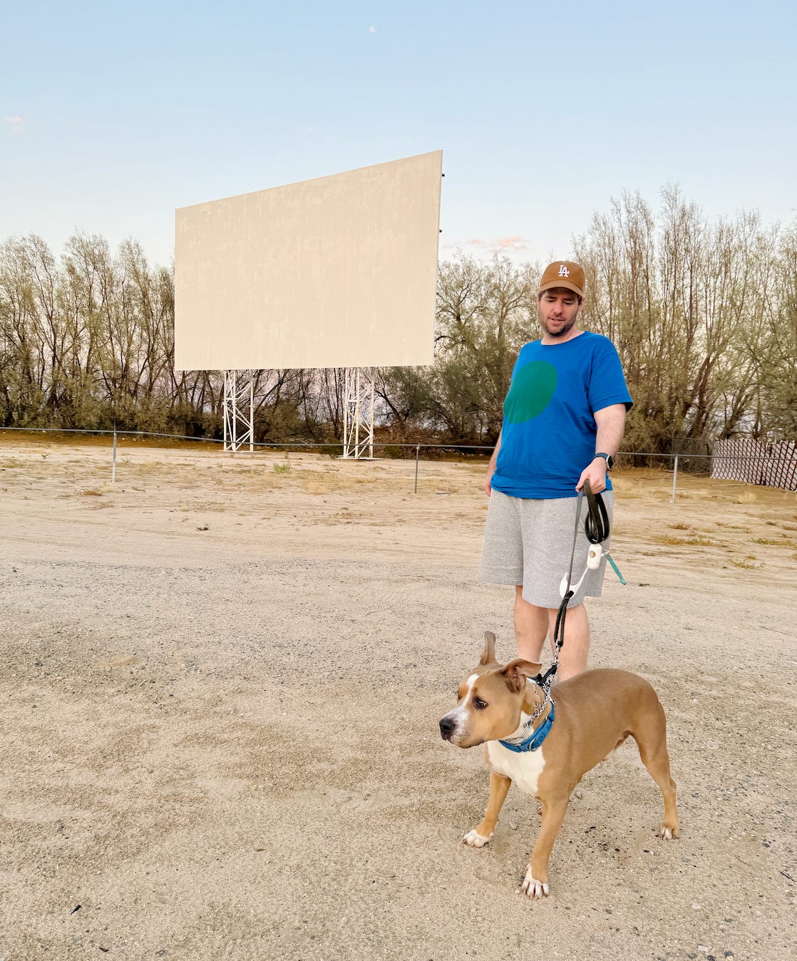 Elvis and Rob standing in front of a drive-in theater screen at dusk