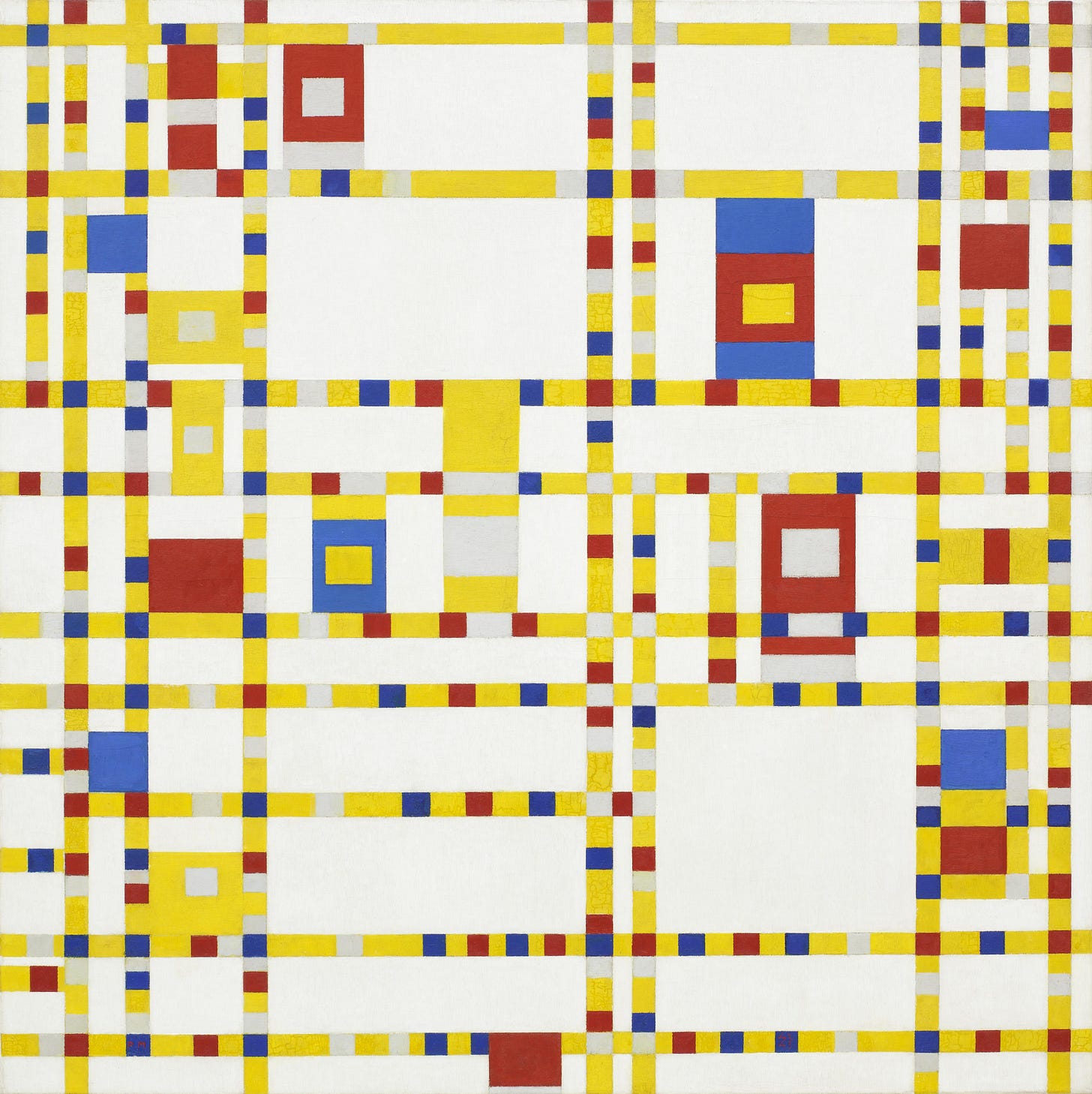 Piet Mondrian's Broadway Boogie Woogie, a 1942 to 1943 painting with small blocks of color replacing solid black grid lines Piet Mondrian's Broadway Boogie Woogie, a 1942 to 1943 painting with small blocks of color replacing solid black grid lines
