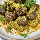 Supersize Me! Lamb meatballs with yoghurt-sesame flatbreads and pistachio sauce 