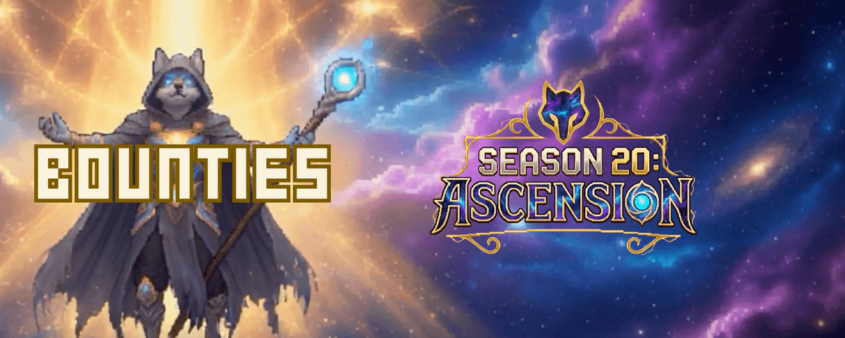 A magical cat-like figure holds a staff with a glowing orb, highlighted by cosmic backgrounds, promoting bounties for Season 20: Ascension.