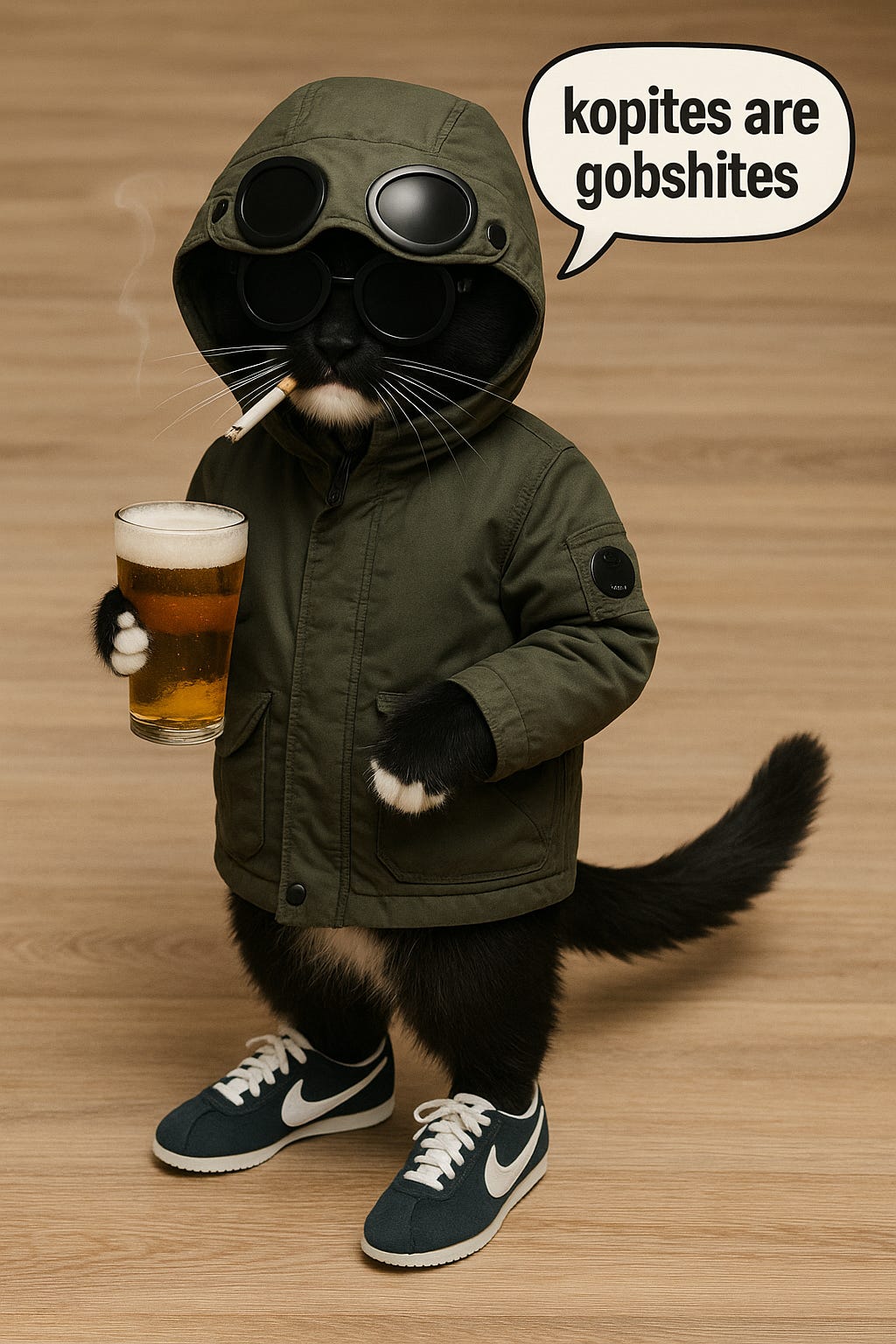 AI image of a cat making an off-colour remark about Liverpool supporters