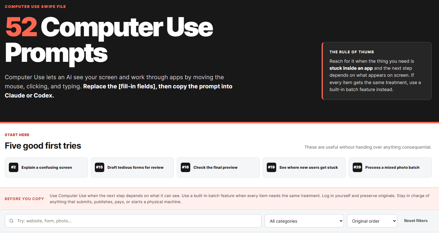 Computer Use Swipe File showing "52 Computer Use Prompts" header, a rule-of-thumb sidebar, five starter prompts numbered 2-29, and a searchable category filter bar Computer Use Swipe File showing "52 Computer Use Prompts" header, a rule-of-thumb sidebar, five starter prompts numbered 2-29, and a searchable category filter bar
