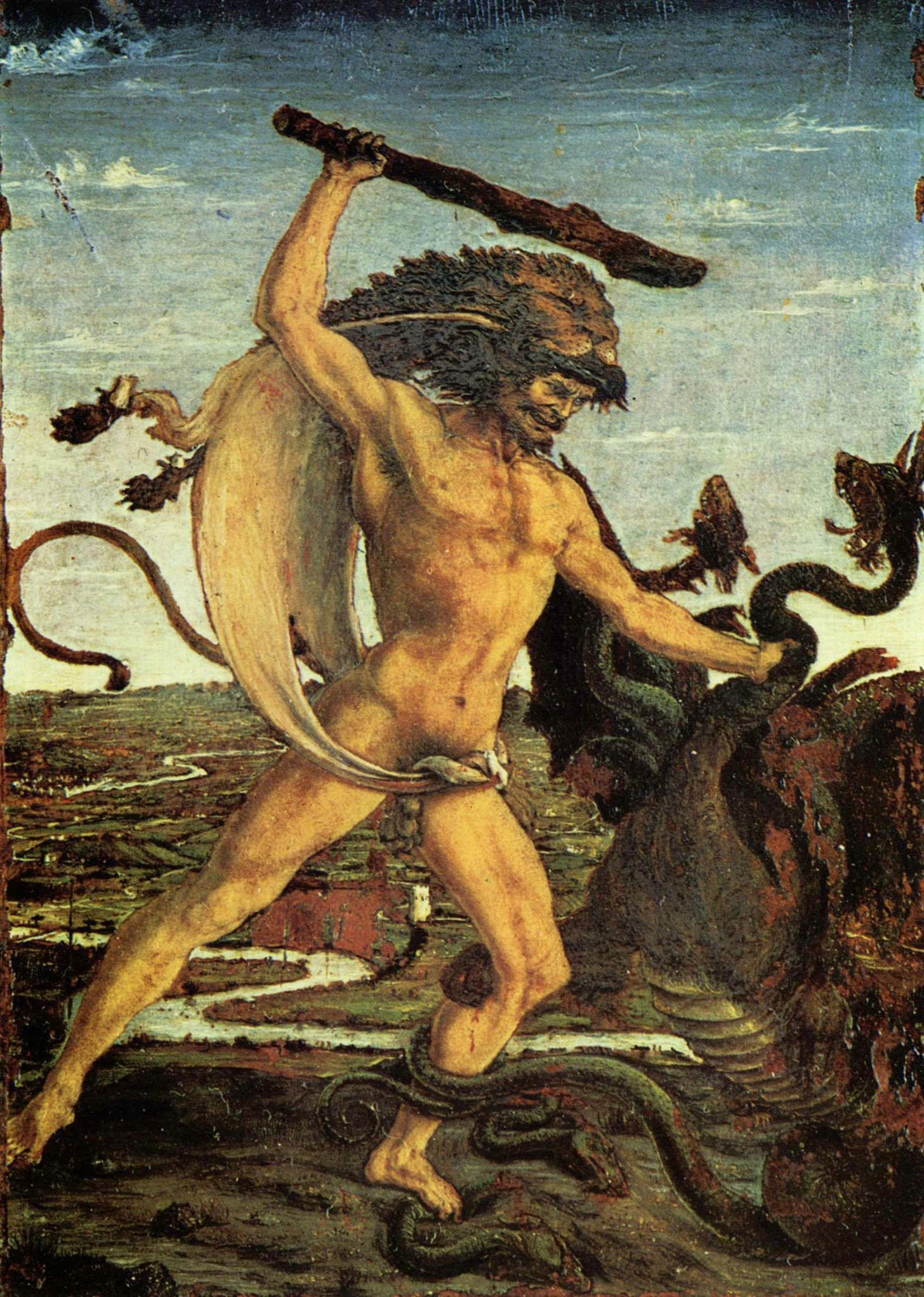 Hercules and the Hydra by Antonio del Pollaiuolo: Hercules in a lion skin swings a club at the many headed serpent Hercules and the Hydra by Antonio del Pollaiuolo: Hercules in a lion skin swings a club at the many headed serpent