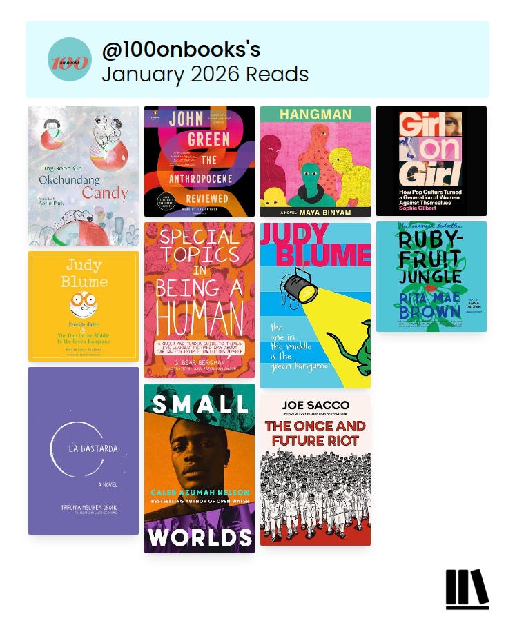 image from Storygraph showing my January 2026 reads in 3 rows of book covers. Top to bottom they are: Row 1 from left to right: Okchundang Candy by Jung-Soon Go, The Anthropocene Reviewed: Essays on a Human-Centered Planet by John Green, Hangman by Maya Binyam & Girl on Girl by Sophie Gilbert, Row 2 from left to right: Freckle Juice & the One in the Middle Is the Green Kangaroo by Judy Blume, Special Topics in Being a Human: A Queer and Tender Guide to Things I've Learned the Hard Way about Caring for People, Including Myself by S. Bear Bergman, The One in the Middle Is the Green Kangaroo by Judy Blume & Rubyfruit Jungle by Rita Mae Brown, Row 3 from left to right: La Bastarda by Trifonia Melibea Obono, Small Worlds by Caleb Azumah Nelson & The Once and Future Riot by Joe Sacco