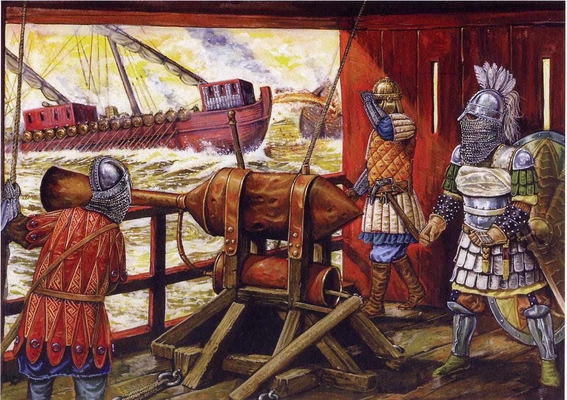 Most modern scholars believe Greek Fire to be some sort of crude petroleum, similar to napalm. It could be stored in pots, lit and smashed, or heated in cauldrons and sprayed out of siphons in a jet, ignited by a flame at the mouth. 
