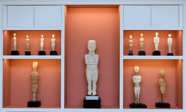 Cycladic antiquities displayed at Stern’s home include these 12 sculpted marble idols with folded arms. Cycladic antiquities displayed at Stern’s home include these 12 sculpted marble idols with folded arms.