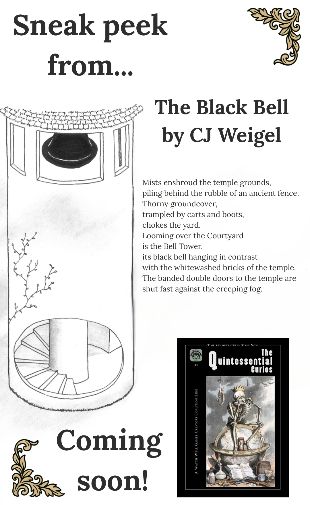 A white tower with a black bell from CJ Weigel's adventure "The Black Bell" from The Quintessential Curios zine