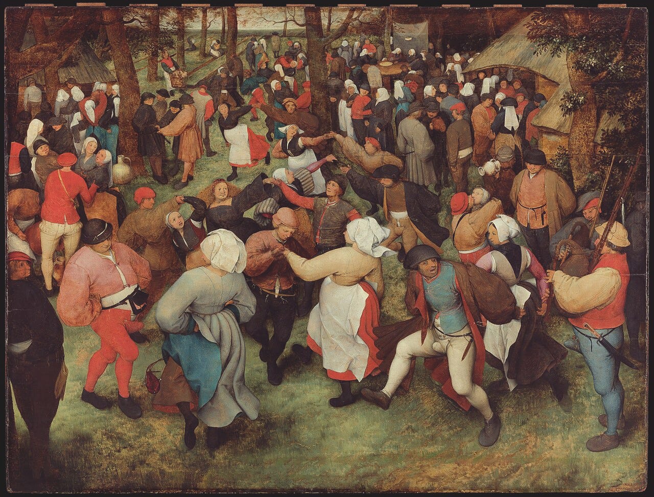 Dozens of peasants dancing in a field at a wedding Dozens of peasants dancing in a field at a wedding