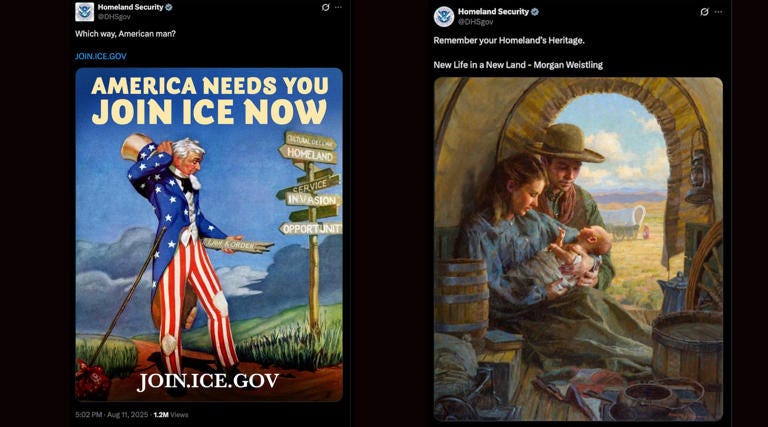 Two social media posts from the Department of Homeland Security appear to reference what some are calling neo-Nazi tropes (l-r): a reference to the antisemitic book “Which Way, Western Man?” and the use of a double-capitalized “HH” that is common online shorthand for “Heil Hitler.” Both posts include nostalgic imagery. Two social media posts from the Department of Homeland Security appear to reference what some are calling neo-Nazi tropes (l-r): a reference to the antisemitic book “Which Way, Western Man?” and the use of a double-capitalized “HH” that is common online shorthand for “Heil Hitler.” Both posts include nostalgic imagery.