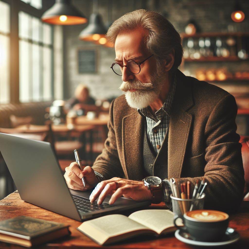 An author working diligently on their laptop in a coffeehouse.