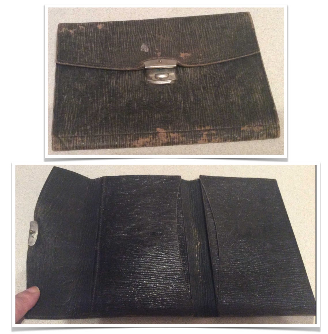 Black leather worn tri-fold wallet folio with metal clasp.