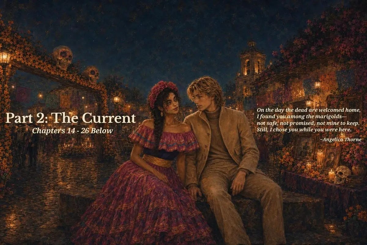 Part 2: The Current banner showing Lucia and Matteo in a candlelit Día de Muertos crowd with a short romantic quote. Part 2: The Current banner showing Lucia and Matteo in a candlelit Día de Muertos crowd with a short romantic quote.