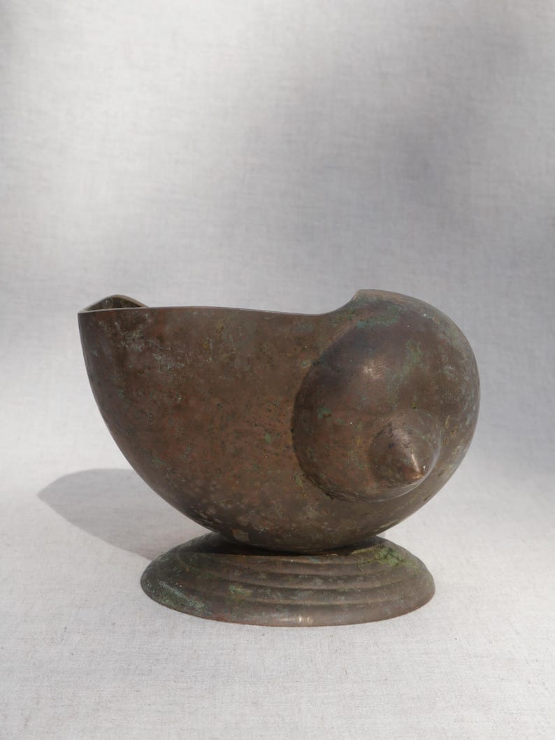 Vintage Brass Nautilus Shell Vessel Sculptural Trinket Dish Patina Finish image 1