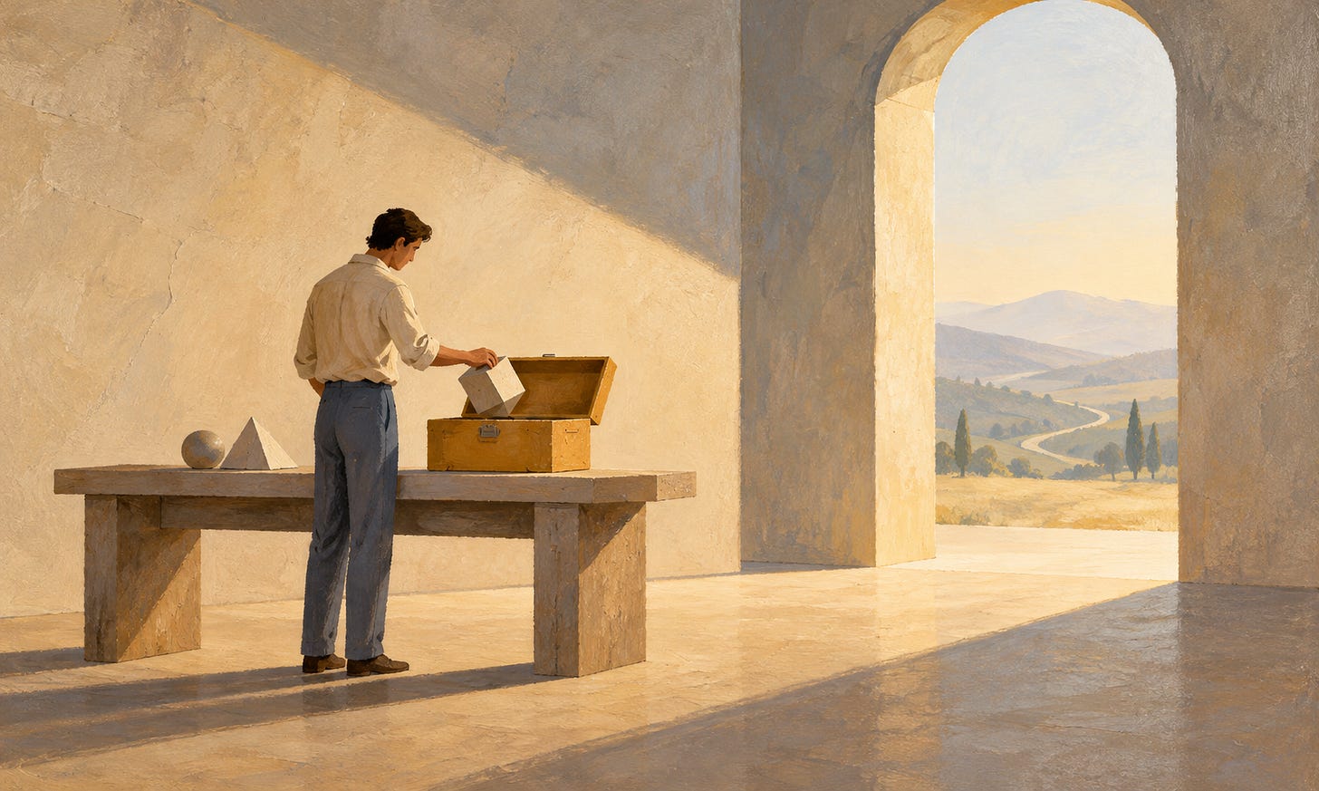 A person packs geometric pieces into a toolbox beside an open doorway, illustrating skills they can carry into their next career opportunity. A person packs geometric pieces into a toolbox beside an open doorway, illustrating skills they can carry into their next career opportunity.